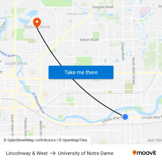 Lincolnway & West to University of Notre Dame map