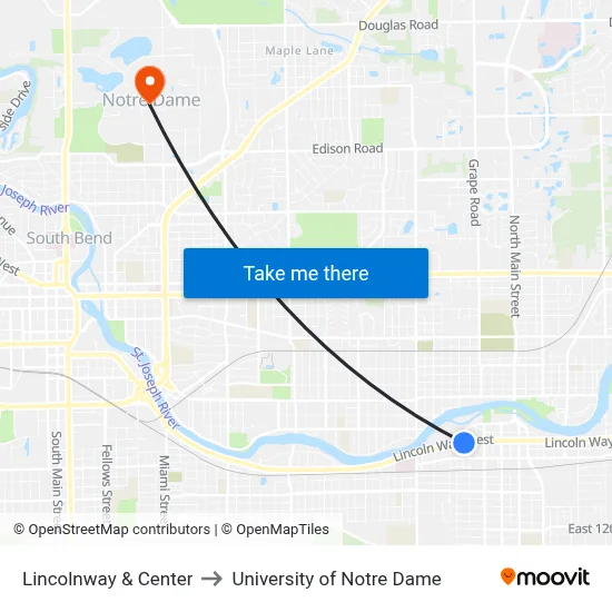 Lincolnway & Center to University of Notre Dame map