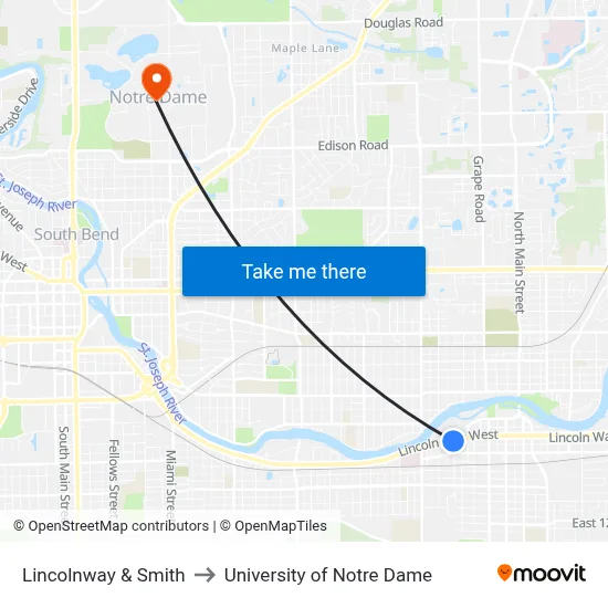 Lincolnway & Smith to University of Notre Dame map