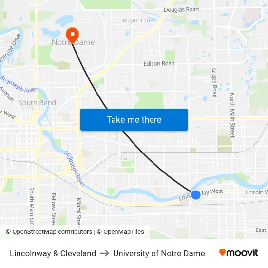 Lincolnway & Cleveland to University of Notre Dame map