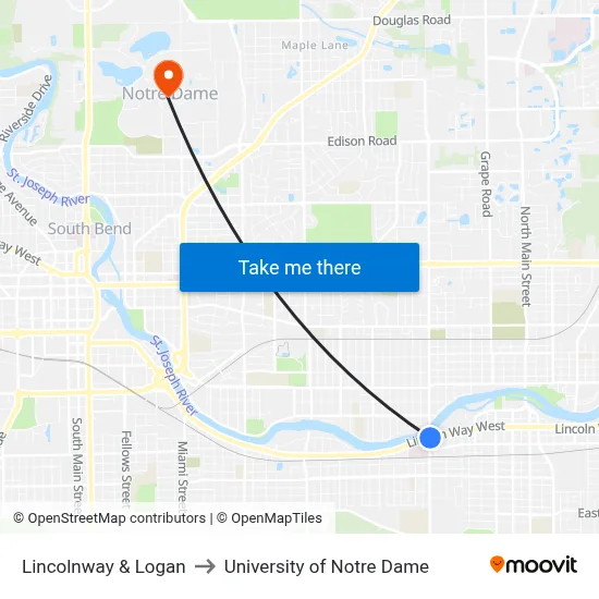 Lincolnway & Logan to University of Notre Dame map
