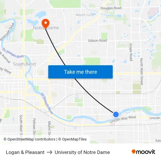 Logan & Pleasant to University of Notre Dame map