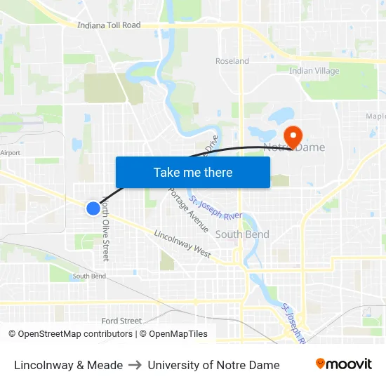 Lincolnway & Meade to University of Notre Dame map