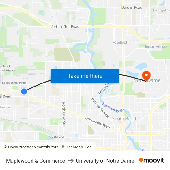 Maplewood & Commerce to University of Notre Dame map