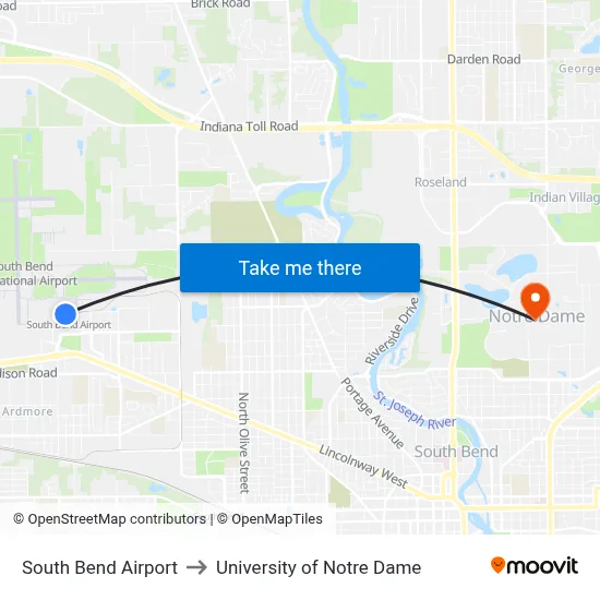 South Bend Airport to University of Notre Dame map
