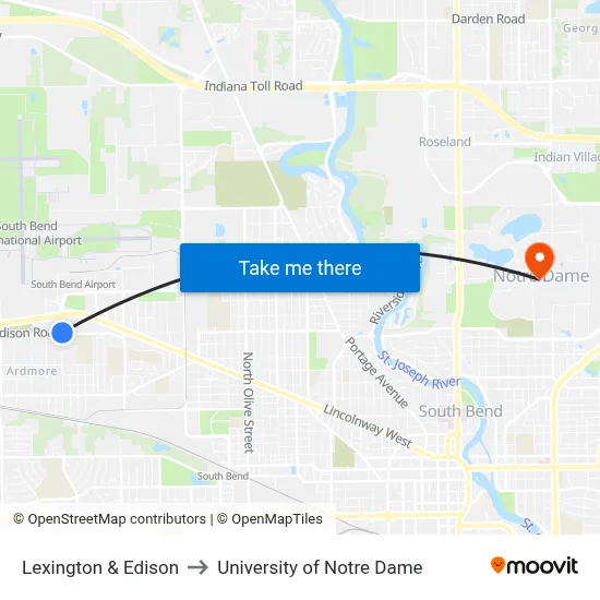 Lexington & Edison to University of Notre Dame map
