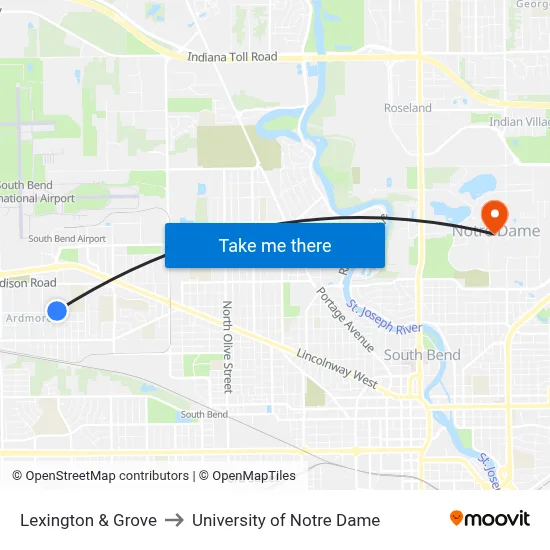 Lexington & Grove to University of Notre Dame map