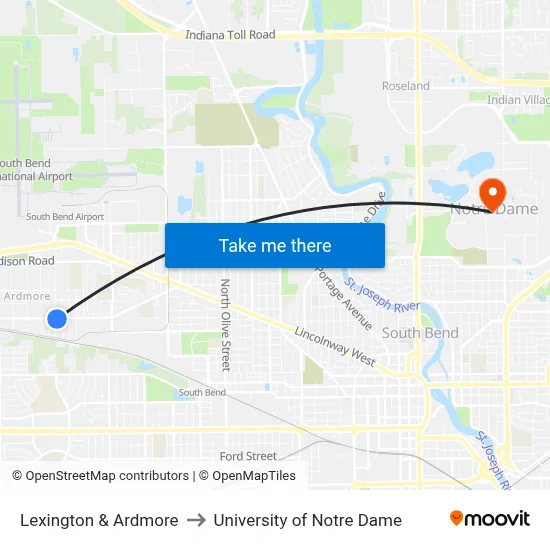 Lexington & Ardmore to University of Notre Dame map