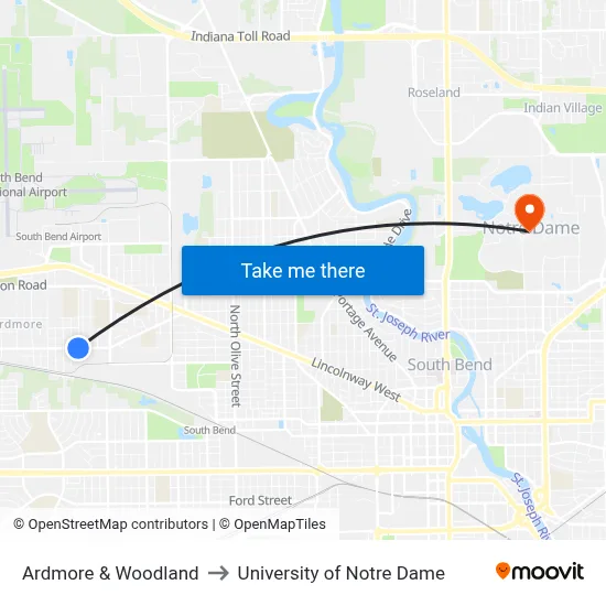Ardmore & Woodland to University of Notre Dame map