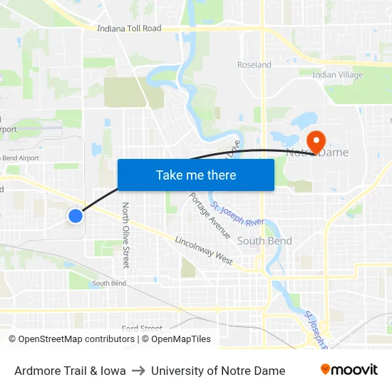 Ardmore Trail & Iowa to University of Notre Dame map