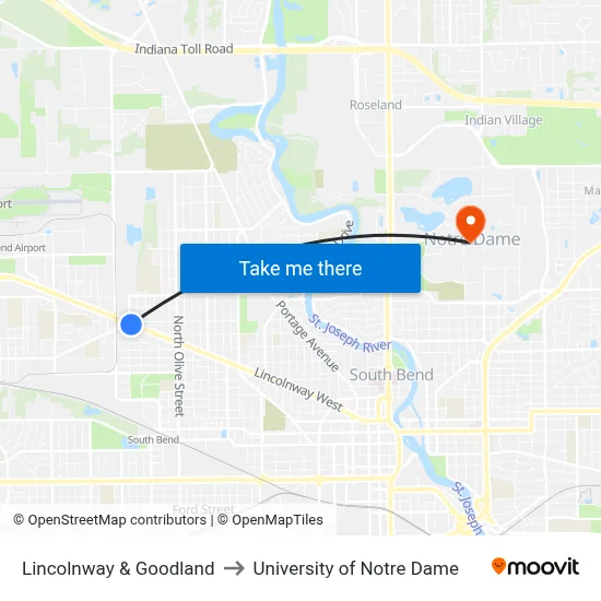 Lincolnway & Goodland to University of Notre Dame map