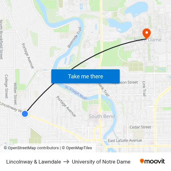 Lincolnway & Lawndale to University of Notre Dame map