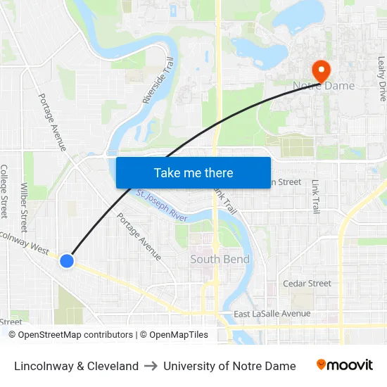 Lincolnway & Cleveland to University of Notre Dame map
