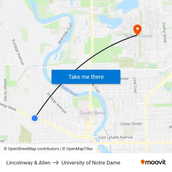 Lincolnway & Allen to University of Notre Dame map