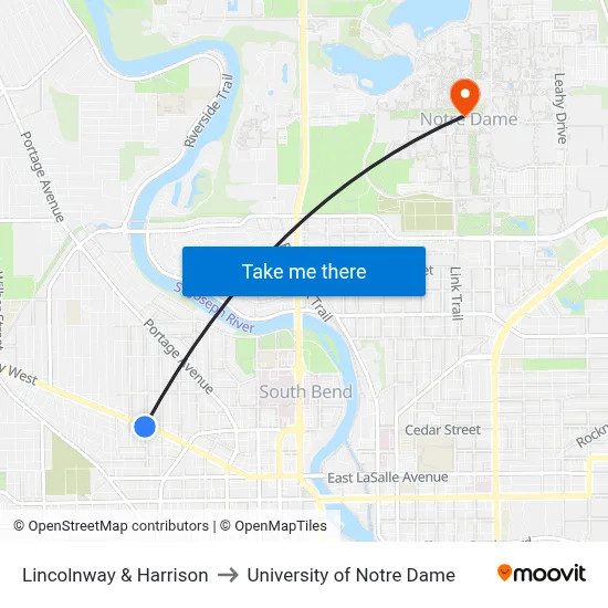 Lincolnway & Harrison to University of Notre Dame map