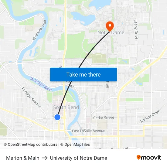 Marion & Main to University of Notre Dame map