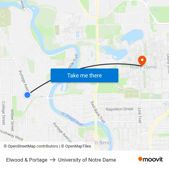 Elwood & Portage to University of Notre Dame map