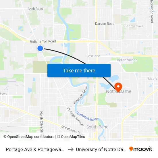Portage Ave & Portageway Dr to University of Notre Dame map