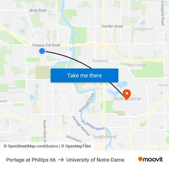 Portage at Phillips 66 to University of Notre Dame map