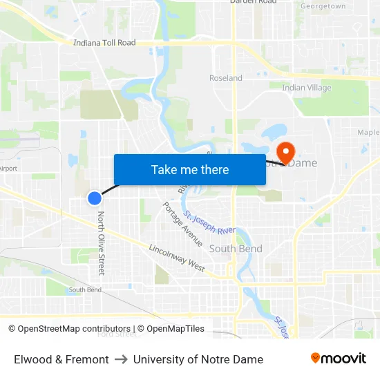 Elwood & Fremont to University of Notre Dame map
