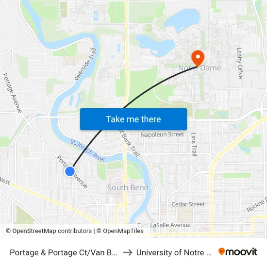 Portage & Portage Ct/Van Buren St to University of Notre Dame map
