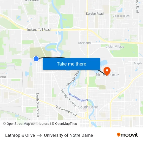 Lathrop & Olive to University of Notre Dame map