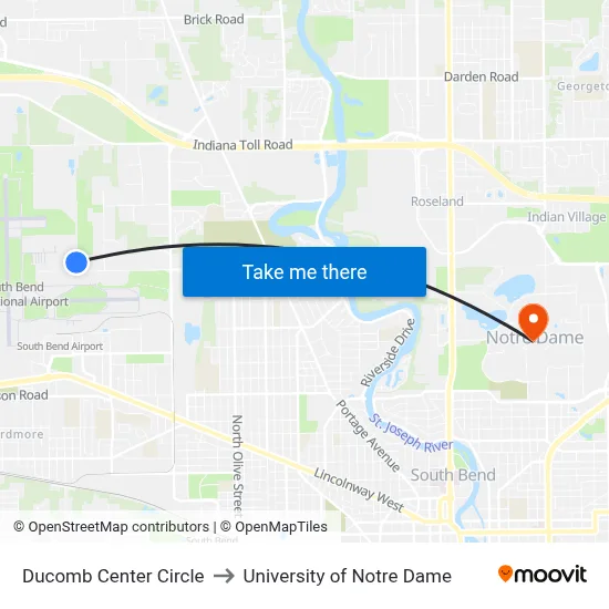 Ducomb Center Circle to University of Notre Dame map
