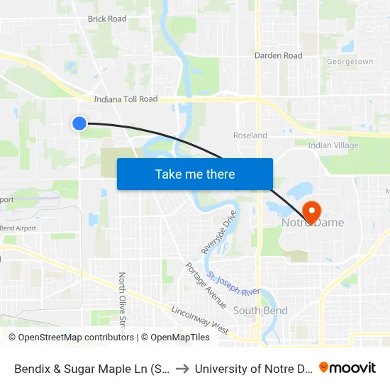 Bendix & Sugar Maple Ln (South) to University of Notre Dame map