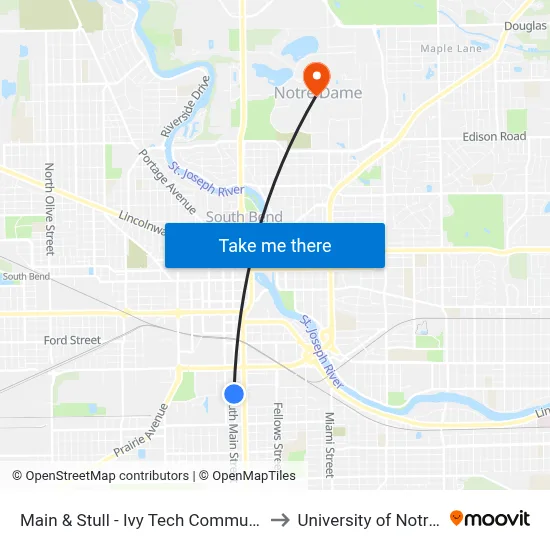 Main & Stull - Ivy Tech Community College to University of Notre Dame map