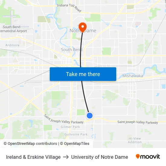 Ireland & Erskine Village to University of Notre Dame map