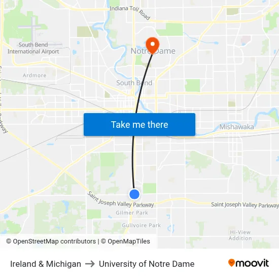 Ireland & Michigan to University of Notre Dame map