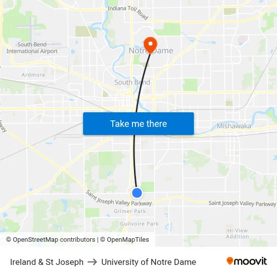Ireland & St Joseph to University of Notre Dame map
