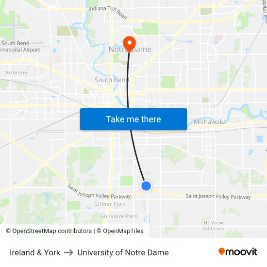Ireland & York to University of Notre Dame map