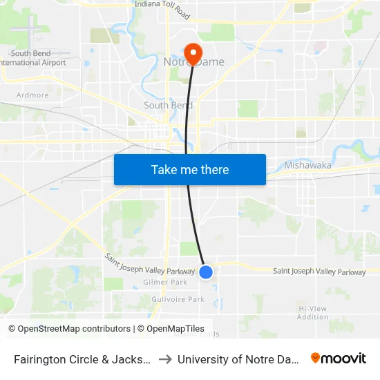 Fairington Circle & Jackson to University of Notre Dame map