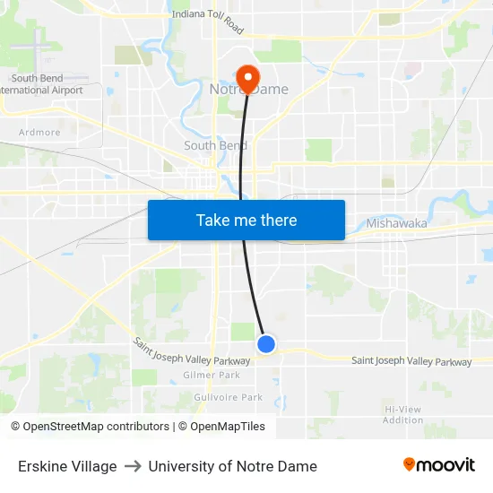 Erskine Village to University of Notre Dame map