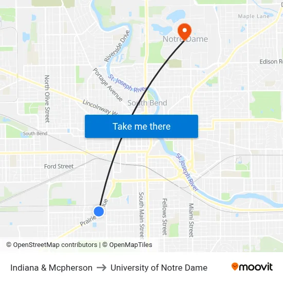 Indiana & Mcpherson to University of Notre Dame map