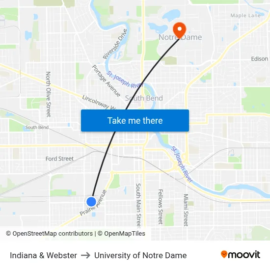 Indiana & Webster to University of Notre Dame map