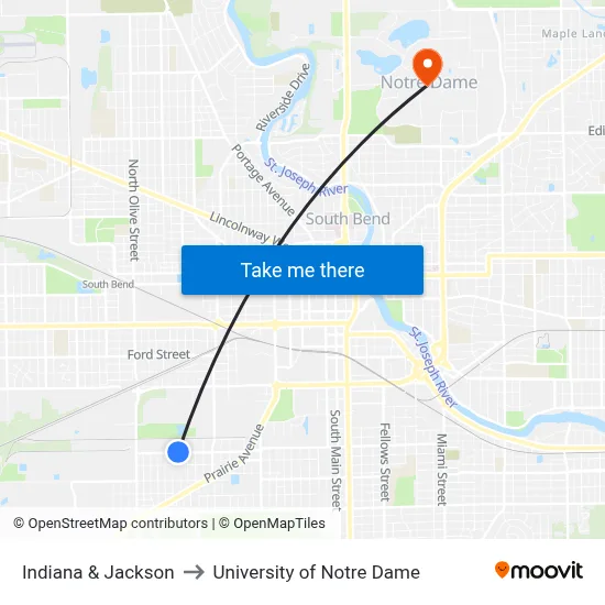 Indiana & Jackson to University of Notre Dame map