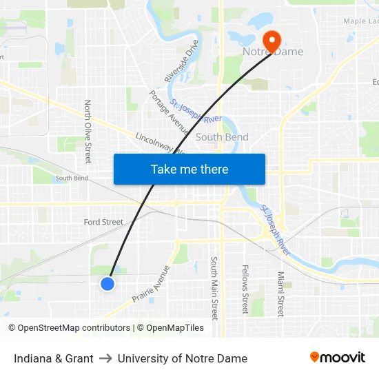 Indiana & Grant to University of Notre Dame map