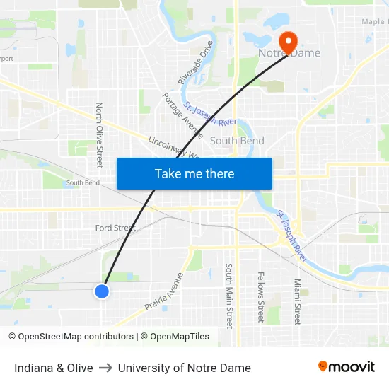 Indiana & Olive to University of Notre Dame map