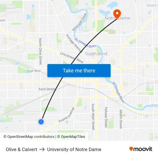 Olive & Calvert to University of Notre Dame map