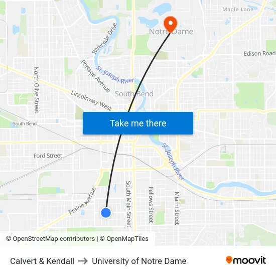 Calvert & Kendall to University of Notre Dame map
