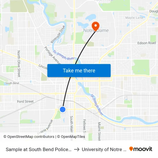 Sample at South Bend Police Station to University of Notre Dame map