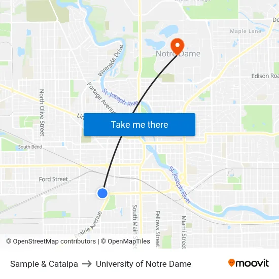 Sample & Catalpa to University of Notre Dame map