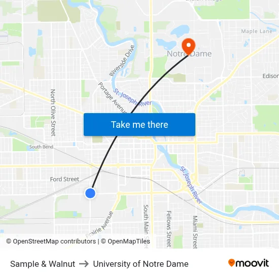 Sample & Walnut to University of Notre Dame map