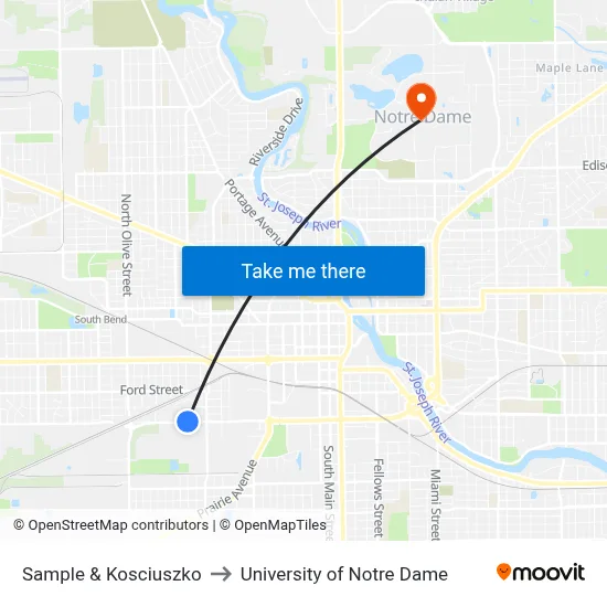 Sample & Kosciuszko to University of Notre Dame map