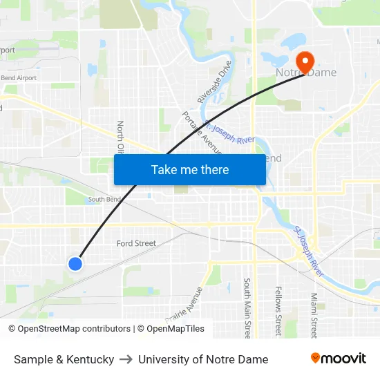 Sample & Kentucky to University of Notre Dame map