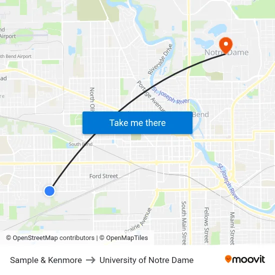 Sample & Kenmore to University of Notre Dame map