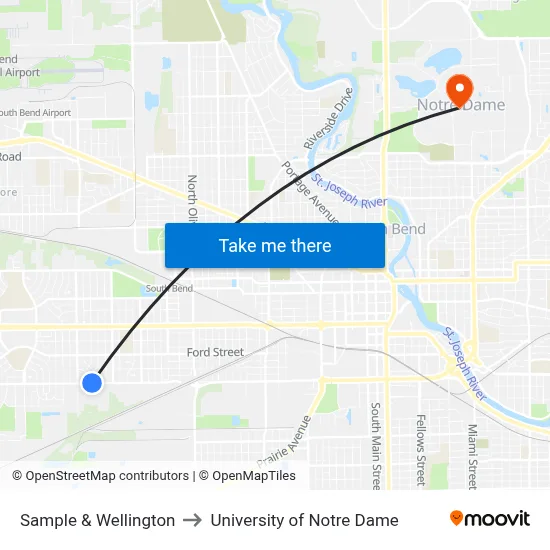 Sample & Wellington to University of Notre Dame map