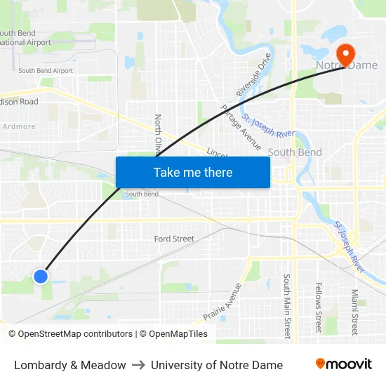 Lombardy & Meadow to University of Notre Dame map